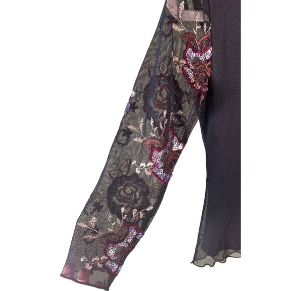 Womens Small Black Sheer Mesh Floral Embroidered Top Sequins Y2K Fairy Whimsy - Picture 4 of 7